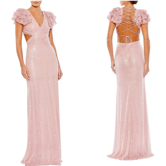 Mac Duggal Rose Sequined Cut Out Ruffled Cap Sleeve Lace Up Gown